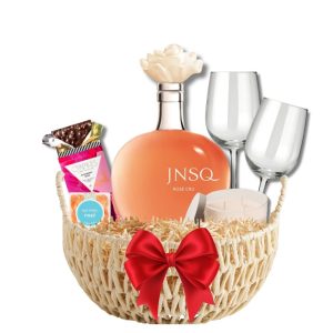 JNSQ Rose Cru Candle, Candy, Chocolate, and Glasses Gift Basket - Image 1